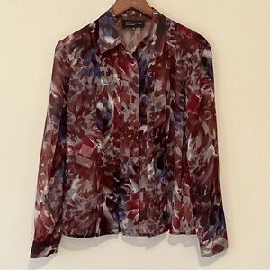 Jones New York 100% Silk Sheer Pleated Purple Floral Blouse Sz. 8 Preppy Fairy